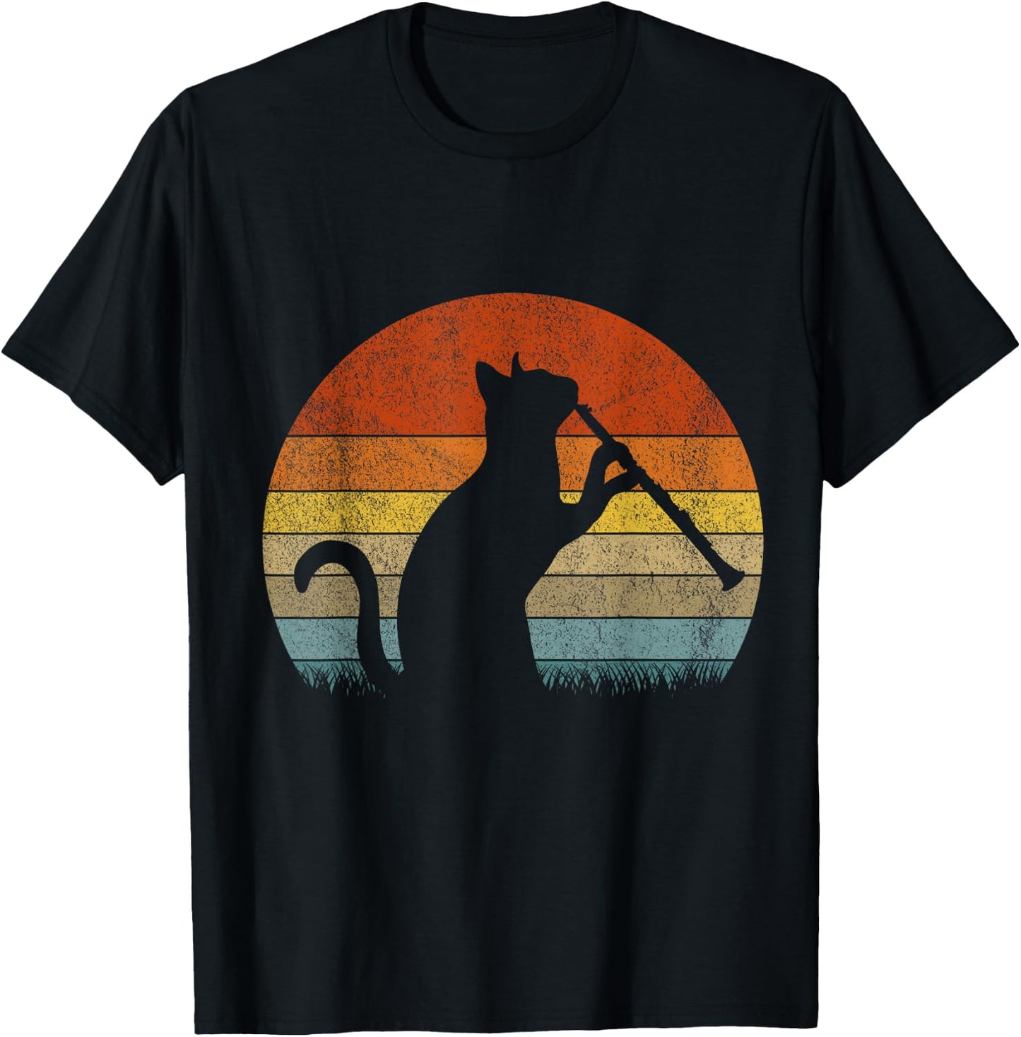 Funny Clarinet Cat Clarinet Player Musician Retro Vintage T-Shirt - T-Shirt | Black
