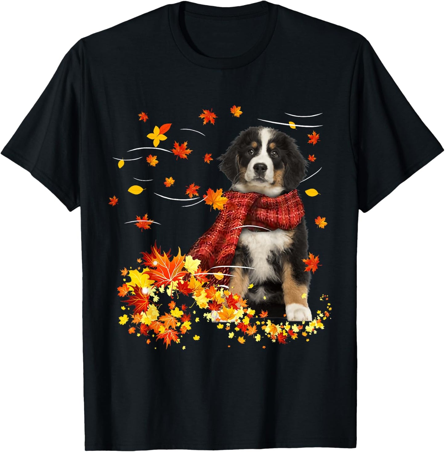 Bernese Mountain Fall Red Scarf Autumn Leaf Gift Dog Lover T-Shirt - T-Shirt | Black