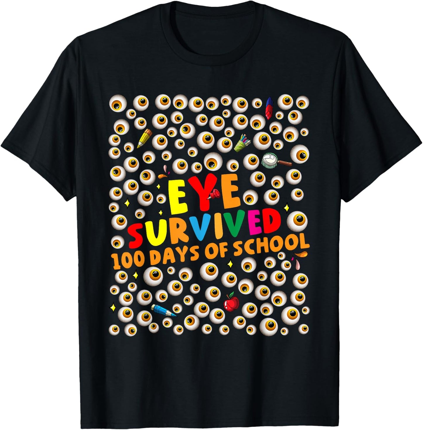 I Survived 100 Days of School Eyes Eyeballs Kids Boys Girls T-Shirt - T-Shirt | Black
