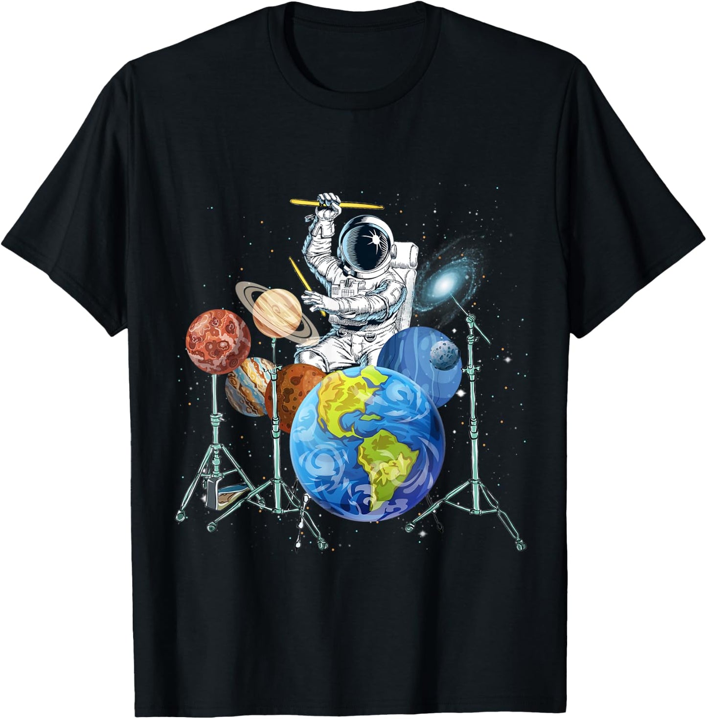 Drummer Astronaut Outer Space Women Kids Spaceman T-Shirt - T-Shirt | Black
