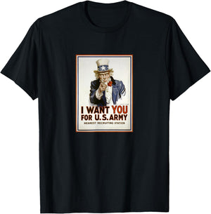 Uncle Sam Vintage I Want You For US Army Patriotic Humor T-Shirt - T-Shirt | Black