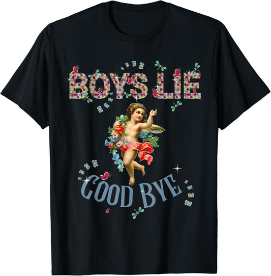 Vintage - Fashion - Girls - Women Boys Lie - Black - Small - Short Sleeve - Classic Fit - Floral Pattern - Vintage Design T-Shirt - T-Shirt | Black