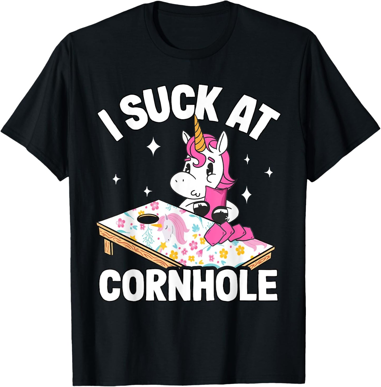 I Suck At Cornhole Loser Funny Sarcastic Joke Pink Unicorn T-Shirt - T-Shirt | Black
