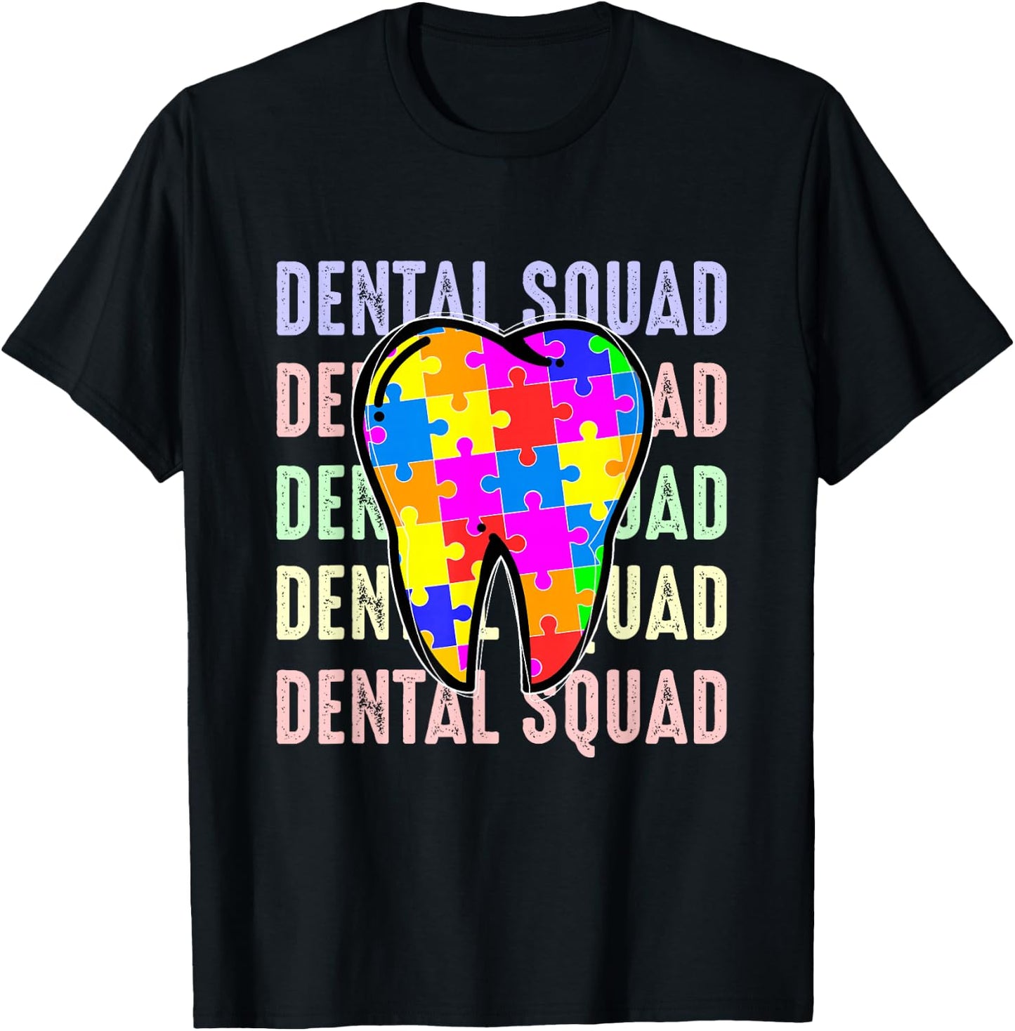 Funny Dental Squad Autism Awareness Day Tooth Ribbon Puzzle T-Shirt - T-Shirt | Black