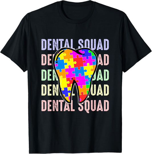Funny Dental Squad Autism Awareness Day Tooth Ribbon Puzzle T-Shirt - T-Shirt | Black