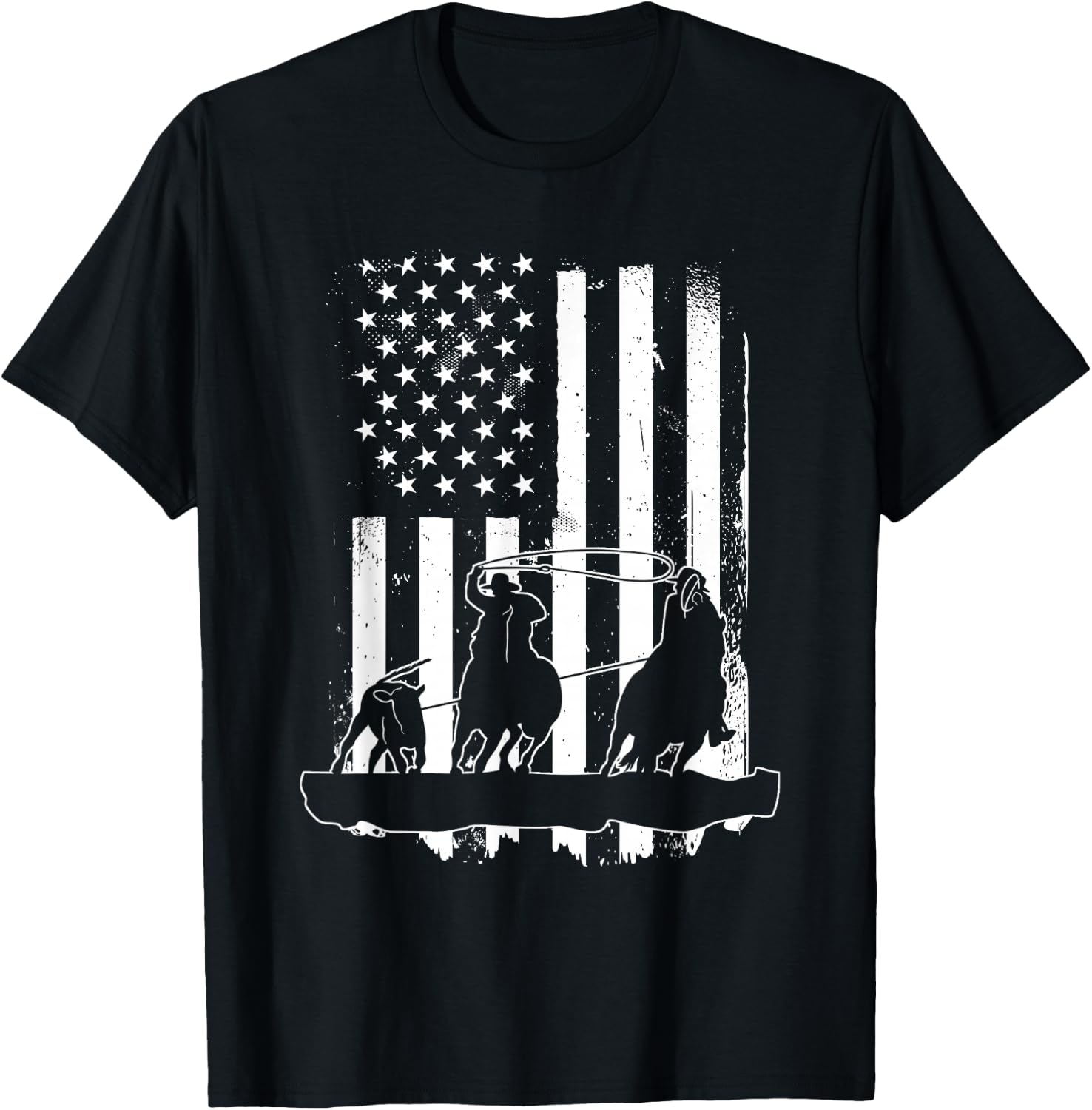 USA Flag Team Roping Design Rodeo Western Horse Country T-Shirt - T-Shirt | Black