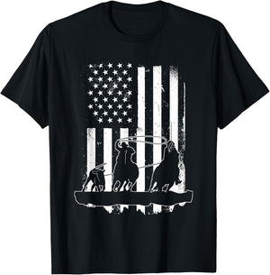 USA Flag Team Roping Design Rodeo Western Horse Country T-Shirt - T-Shirt | Black