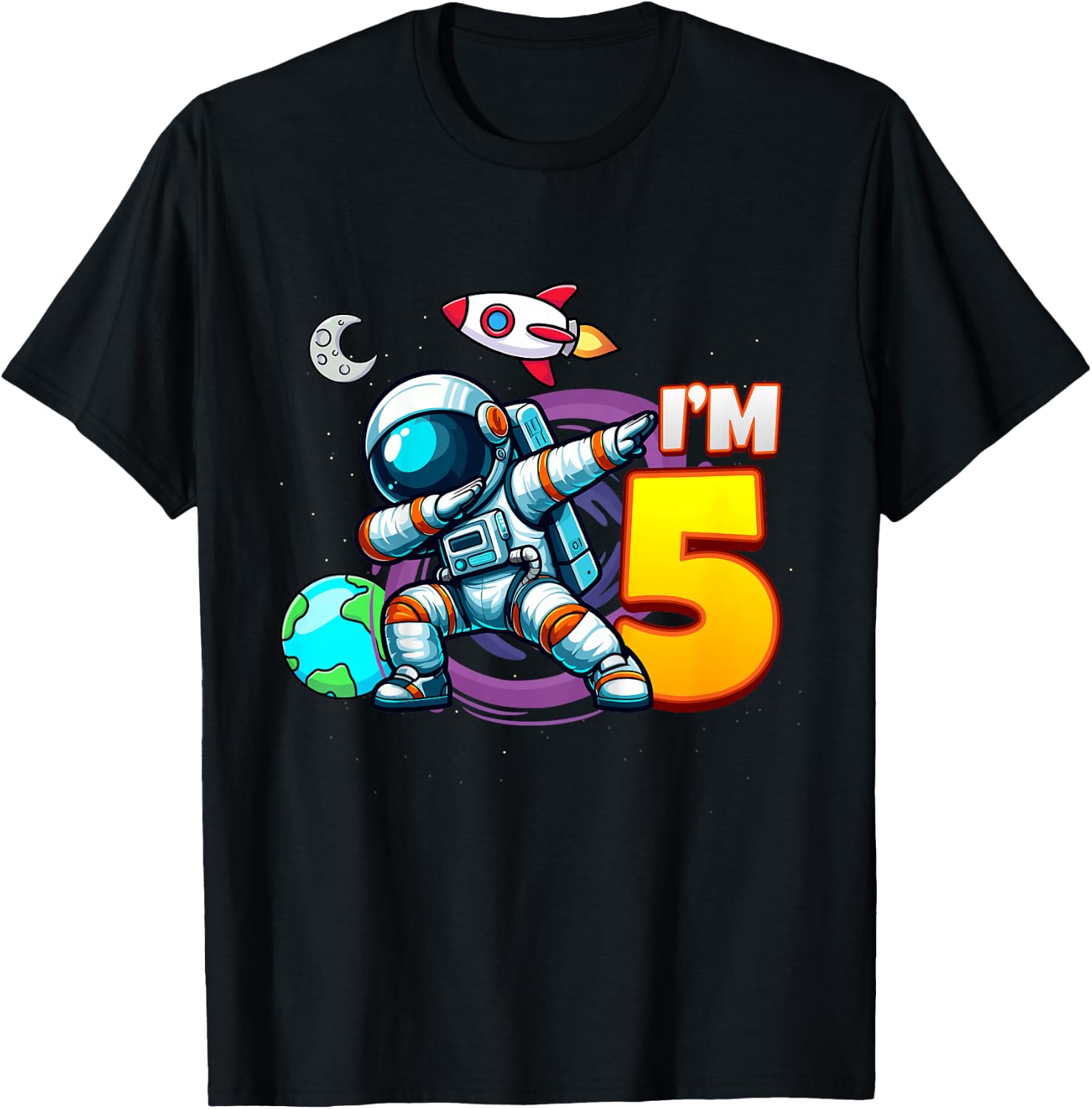 I'm 5 For Five Year Old Boy Space Astronaut 5th Birthday T-Shirt - T-Shirt | Black