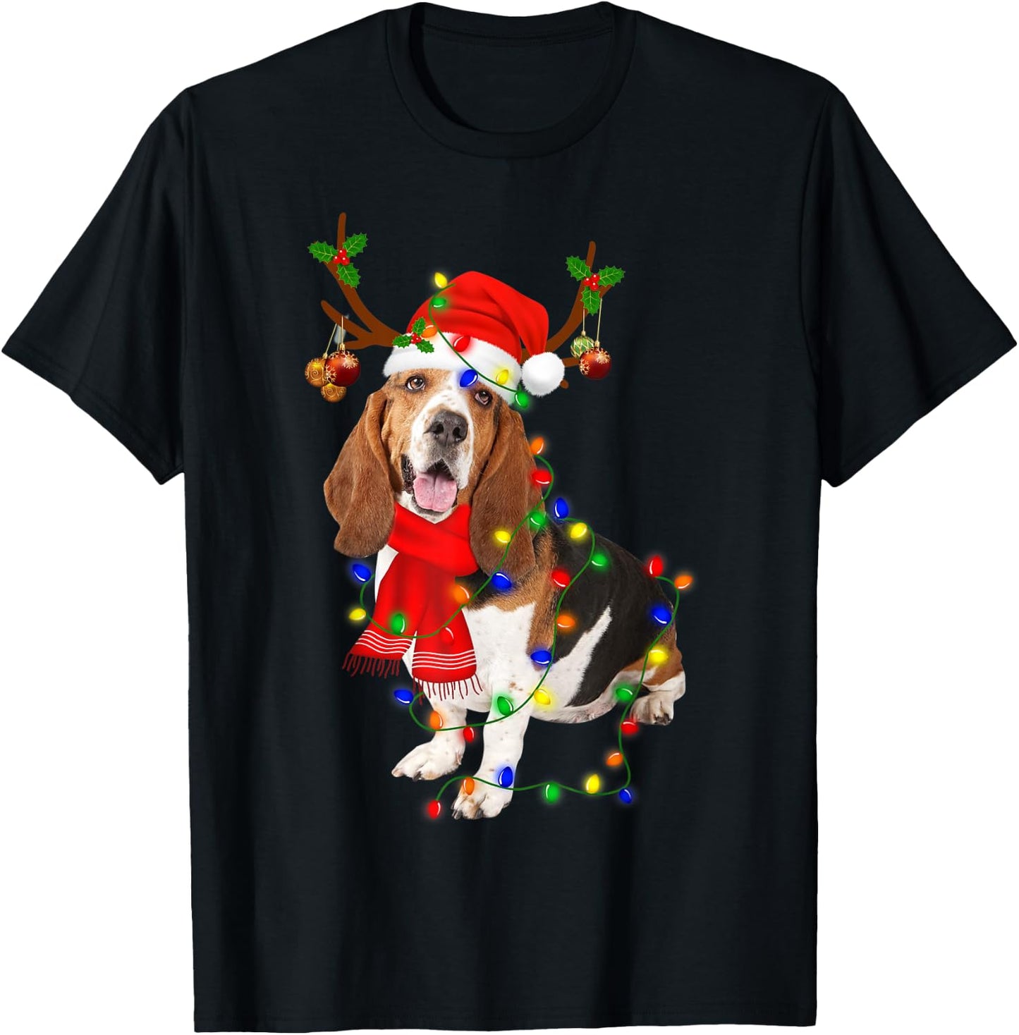 Basset Hound Christmas Light Merry Christmas Winter Gift T-Shirt - T-Shirt | Black