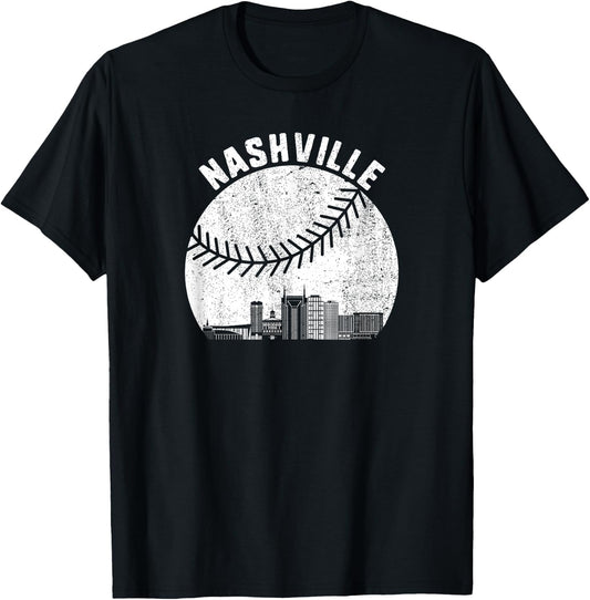 Nashville Skyline Baseball Fan Vintage Nashville Baseball T-Shirt - T-Shirt | Black