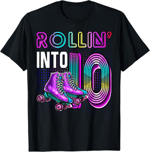 Rollin' into 10 Roller Skating Rink 10th Birthday Party Girl T-Shirt - T-Shirt | Black
