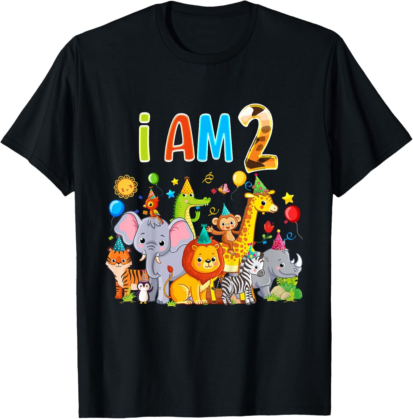 2 Year Old Zoo Animal Birthday Safari Jungle Animal 1th Kids T-Shirt - T-Shirt | Black