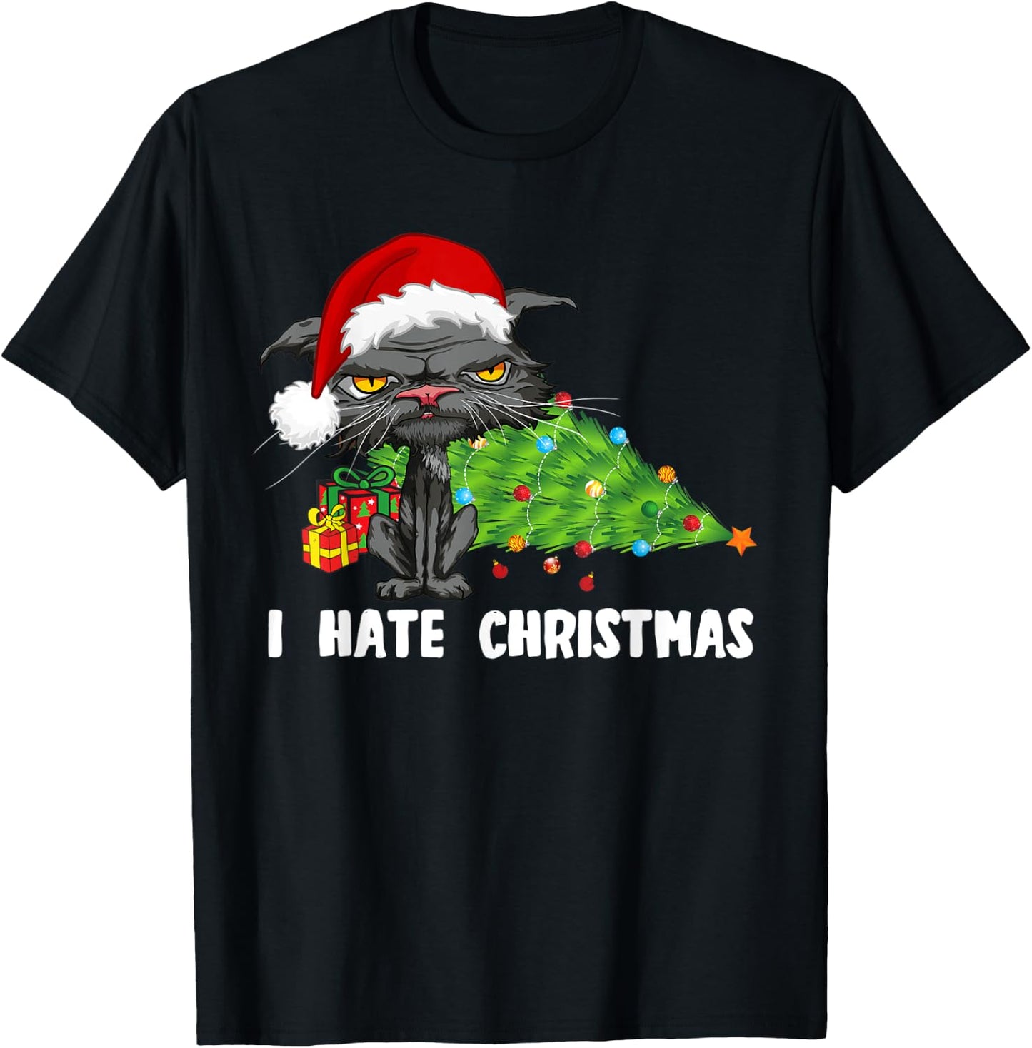 Anti Christmas I Hate Christmas Tree Bored Cat Santa Hat Women Kids T-Shirt - T-Shirt | Black
