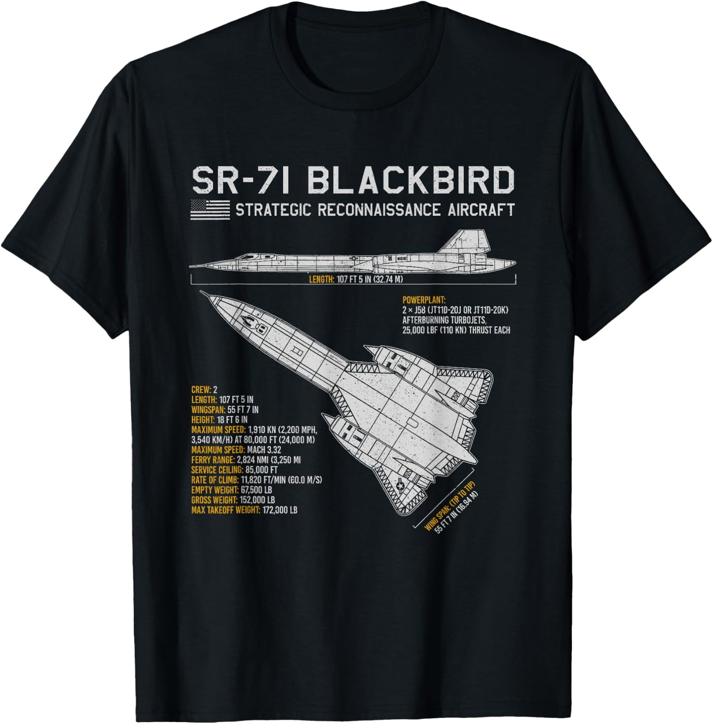 SR-71 Blackbird Aircraft Spy Plane Blueprint Data T-Shirt - T-Shirt | Black