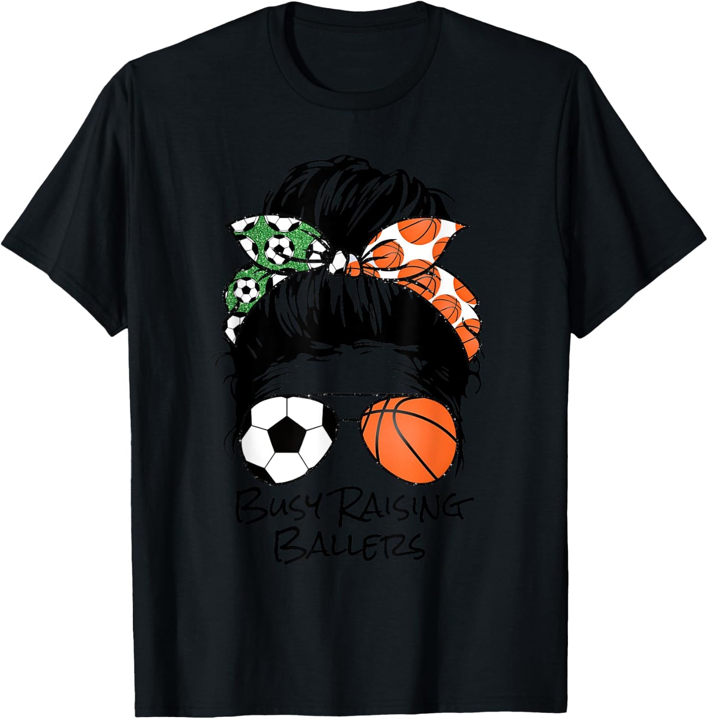 Busy Raising Ballers messy bun women's basketball soccer mom T-Shirt - T-Shirt | Black