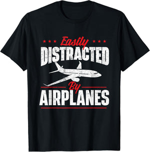 Easily Distracted by Airplanes - Aircraft Fan Airline Pilot T-Shirt - T-Shirt | Black