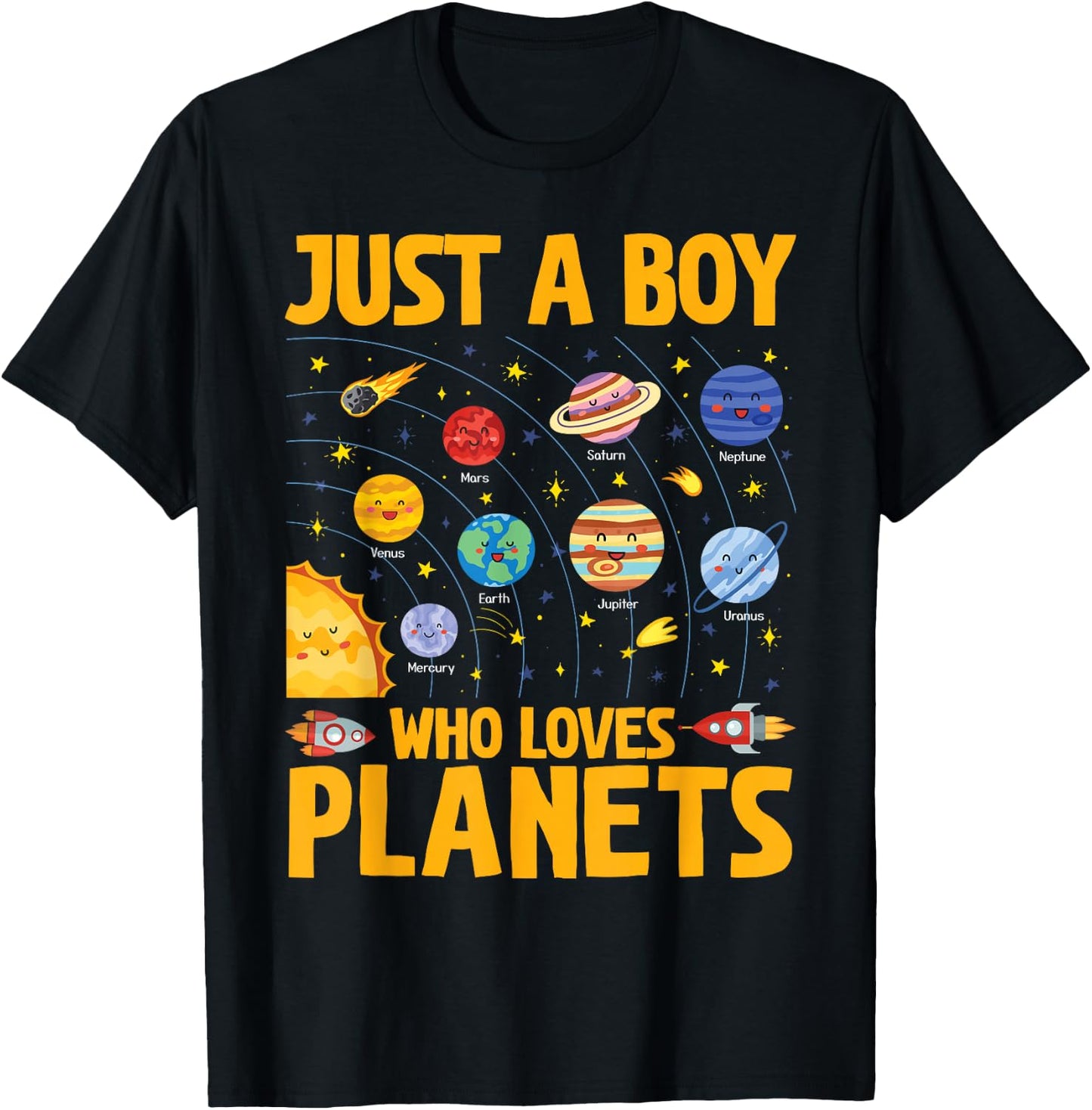 Just A Boy Who Loves Planets Solar System Kids Space Science T-Shirt - T-Shirt | Black