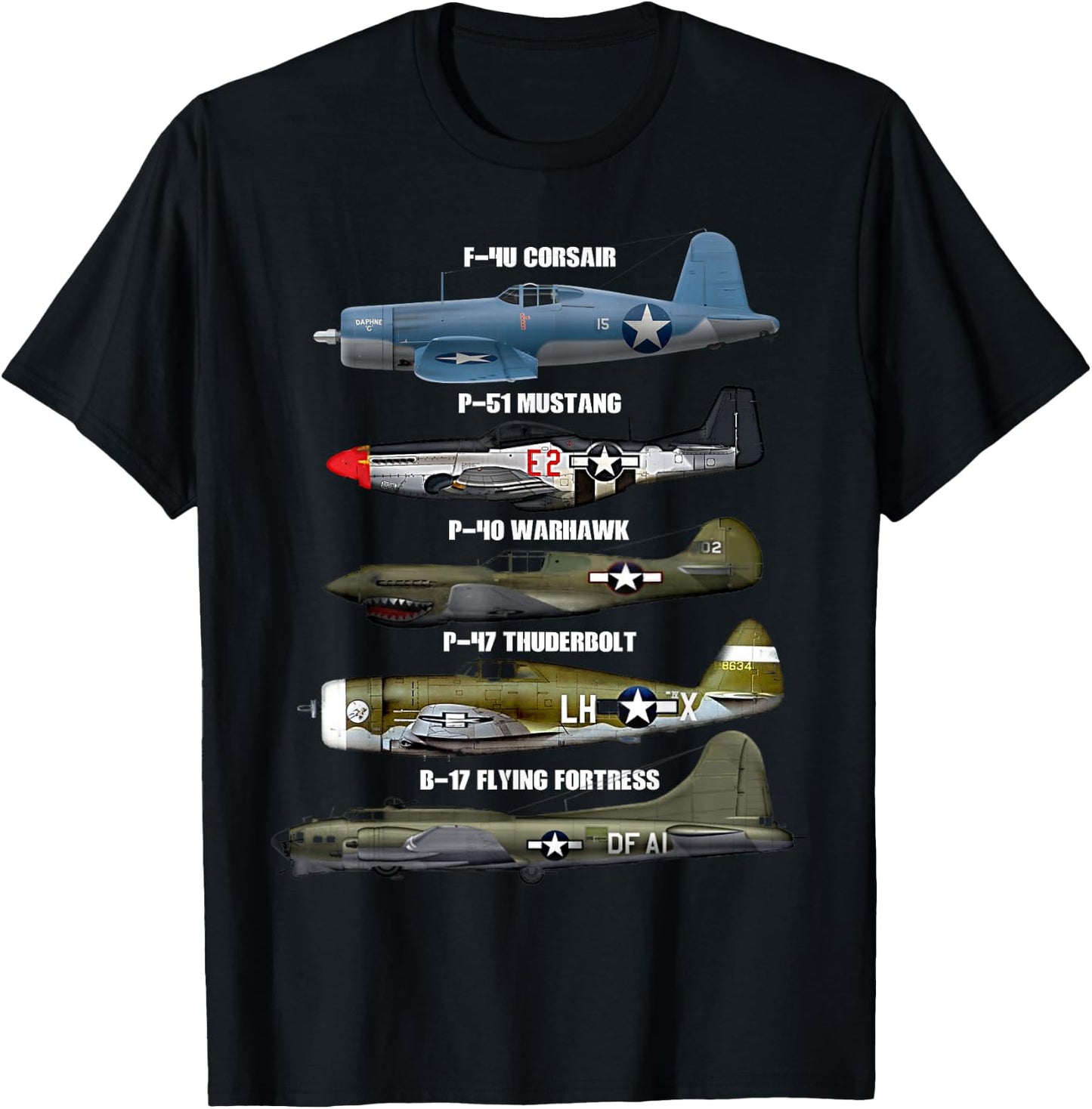 WW2 Warplane B-17 P51 Mustang F4U Corsair P40 Warhawk T-Shirt - T-Shirt | Black