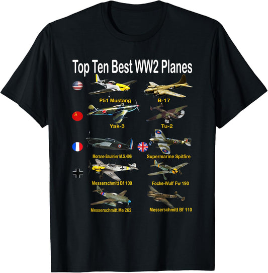Ten Best WW2 Military Aircraft Fighters & Bombers Model T-Shirt - T-Shirt | Black