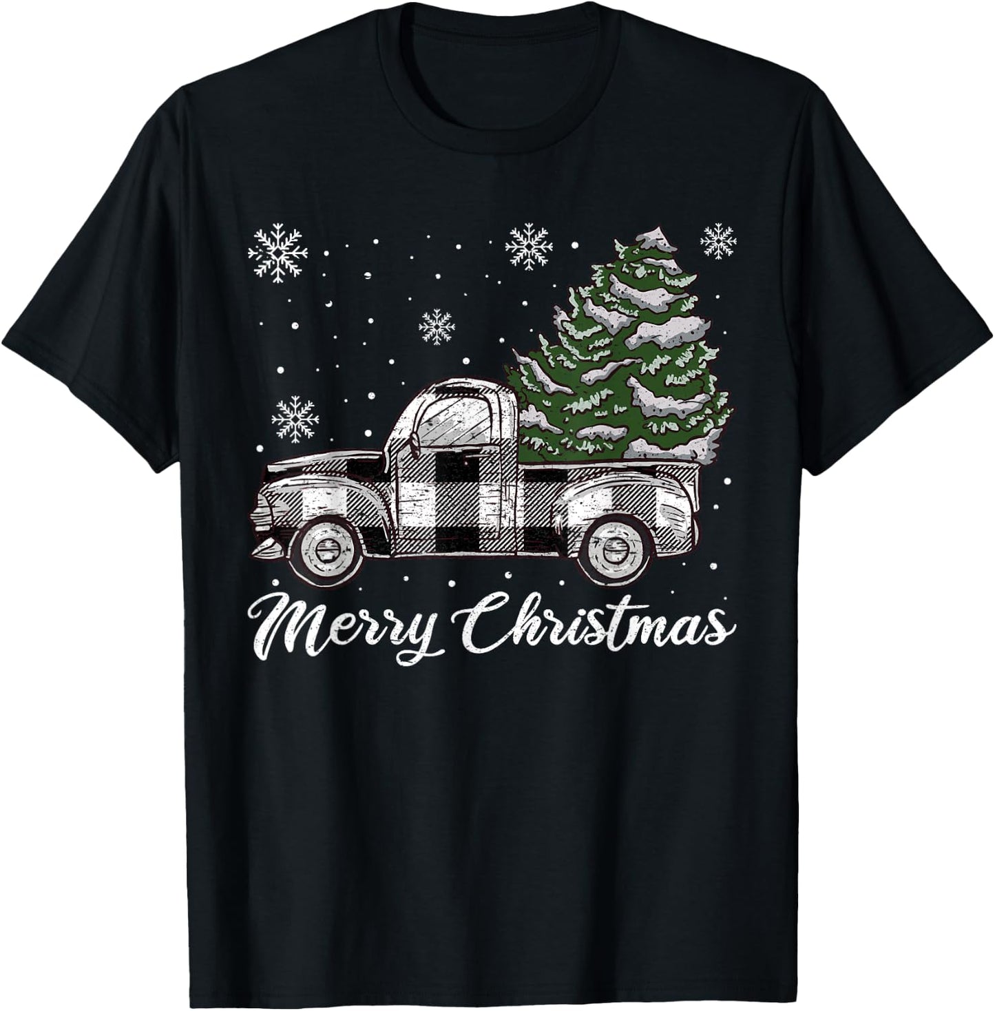 Merry Christmas Tree White Truck Pajama, Plaid Truck Tree T-Shirt - T-Shirt | Black