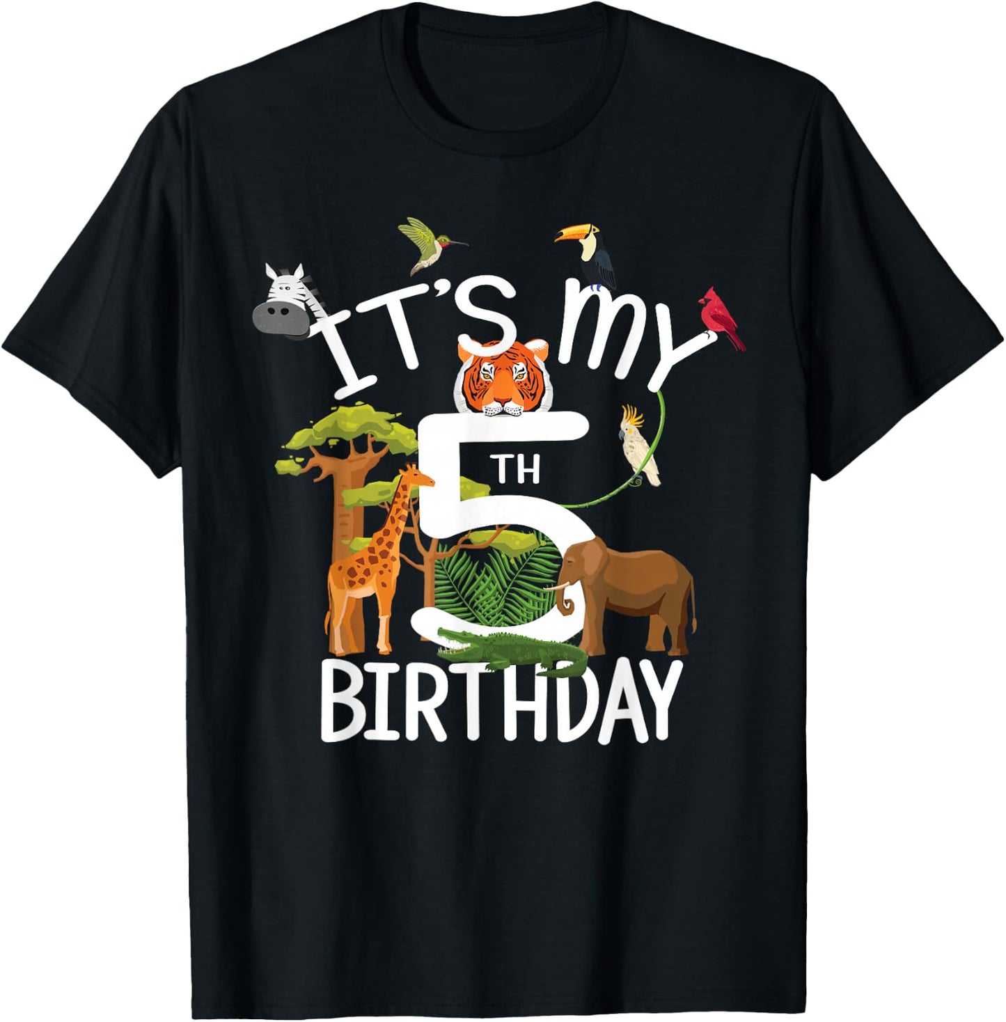 It's My 5th Birthday Boy Zoo Theme 5 Years Old Animal Party T-Shirt - T-Shirt | Black