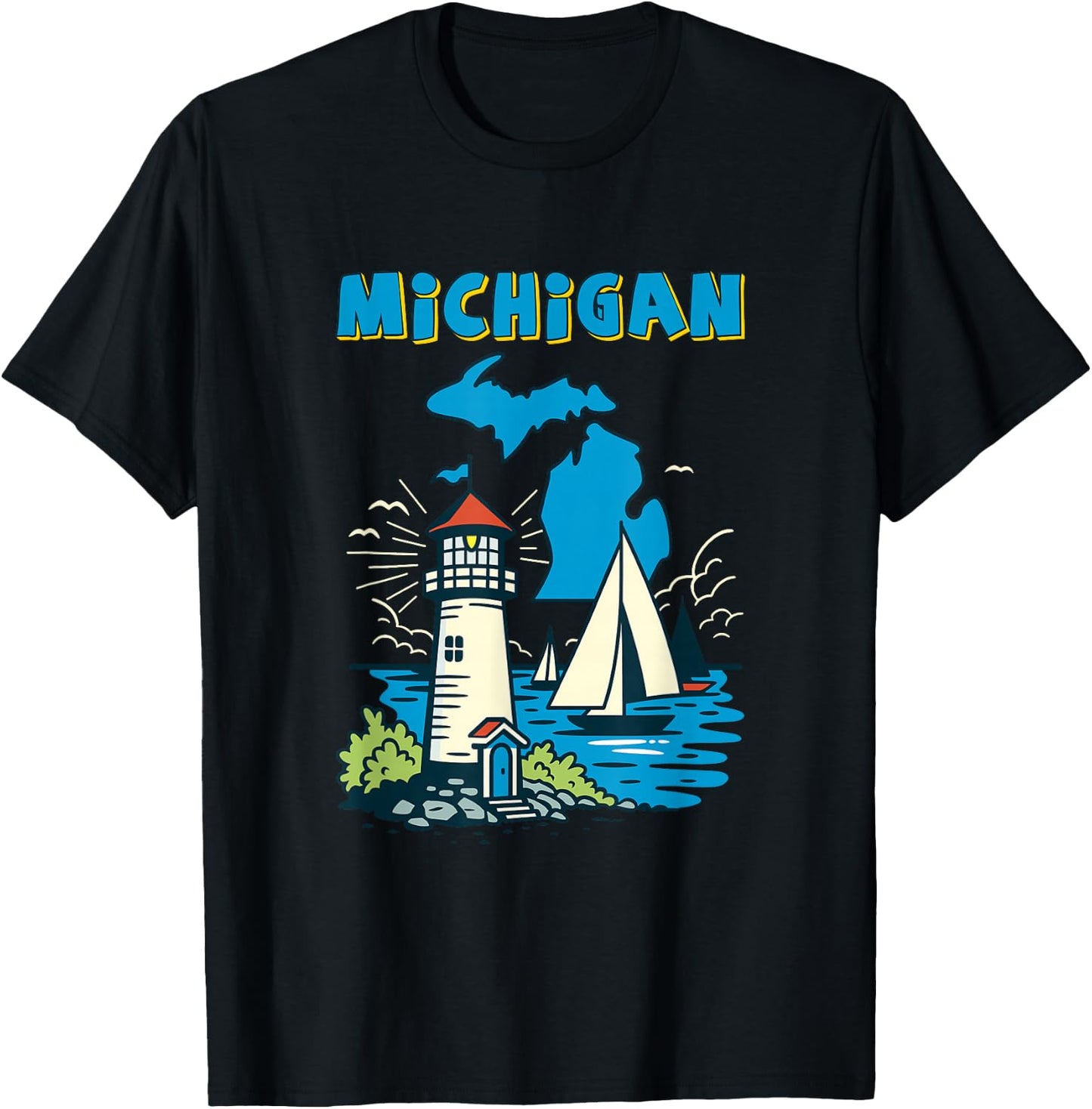 Retro Sailboat and Lighthouse in Michigan Great Lakes T-Shirt - T-Shirt | Black