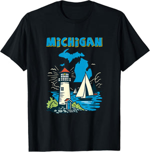 Retro Sailboat and Lighthouse in Michigan Great Lakes T-Shirt - T-Shirt | Black