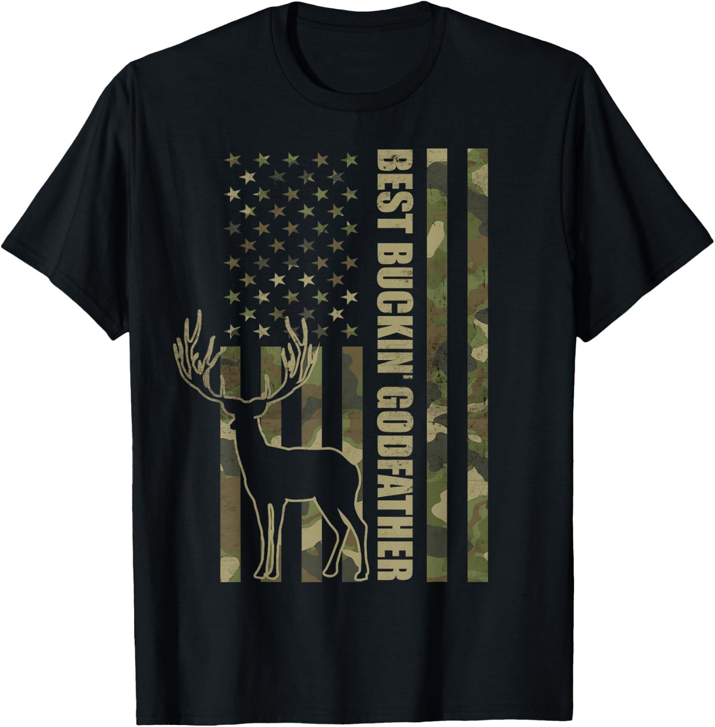Best Buckin' Godfather Funny Deer Hunter Camo American Flag T-Shirt - T-Shirt | Black