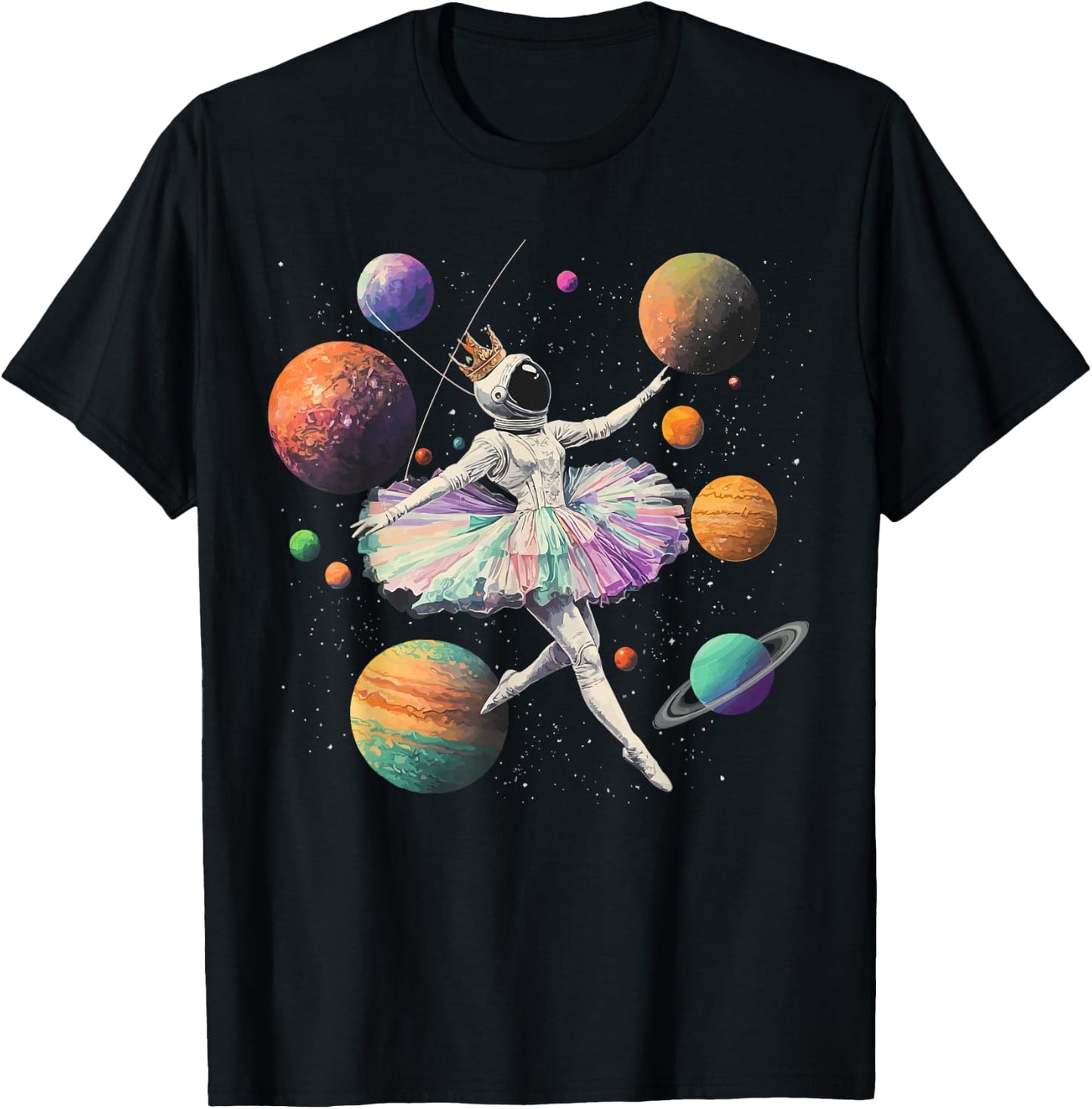 Astronaut Ballerina Dancing In Space Planets Galaxy Kid Girl T-Shirt - T-Shirt | Black
