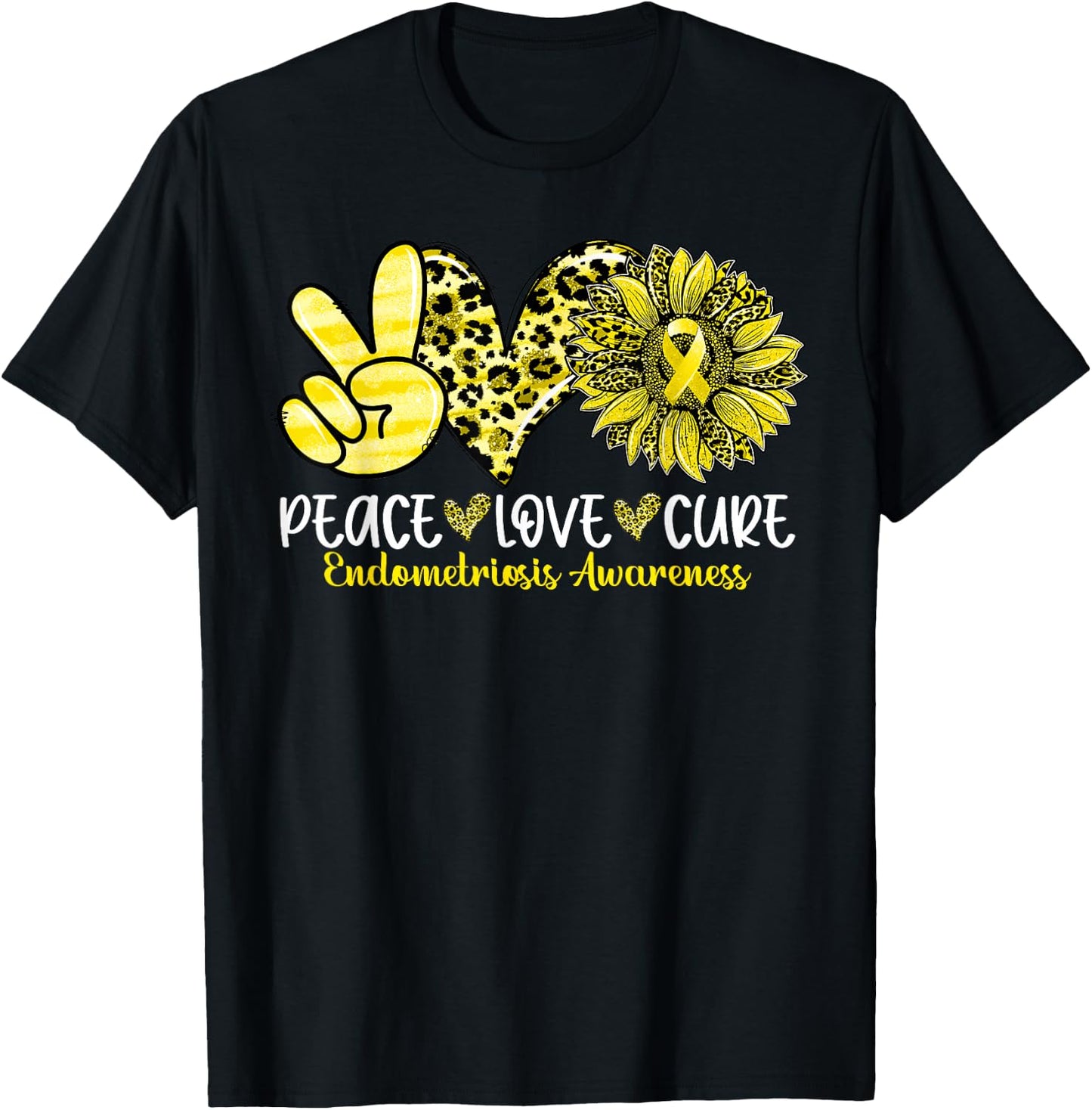 Peace Love Cure Sunflower Leopard Endometriosis Awareness T-Shirt - T-Shirt | Black