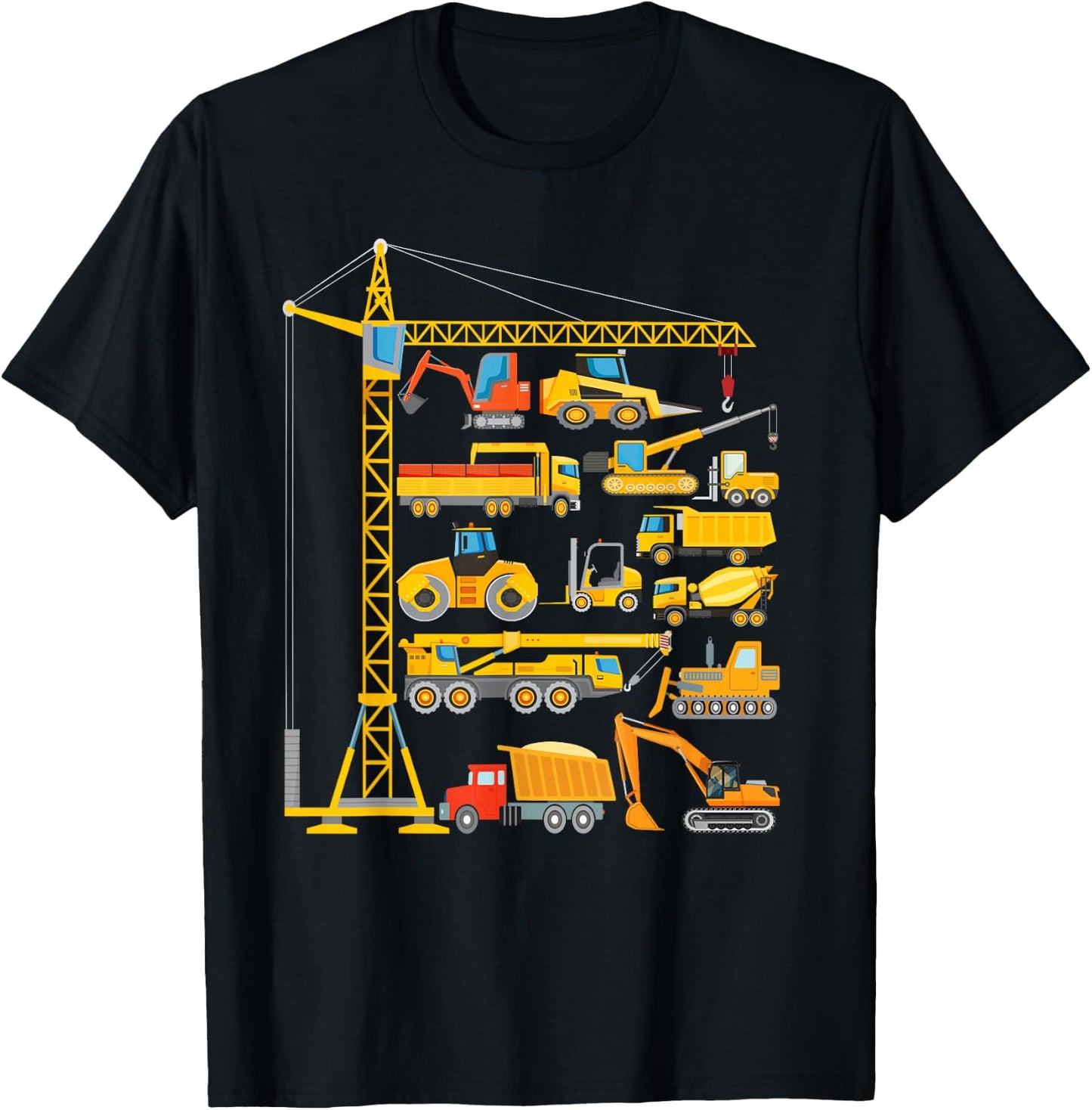 Types of Construction Excavator Bulldozer Truck Crane T-Shirt - T-Shirt | Black