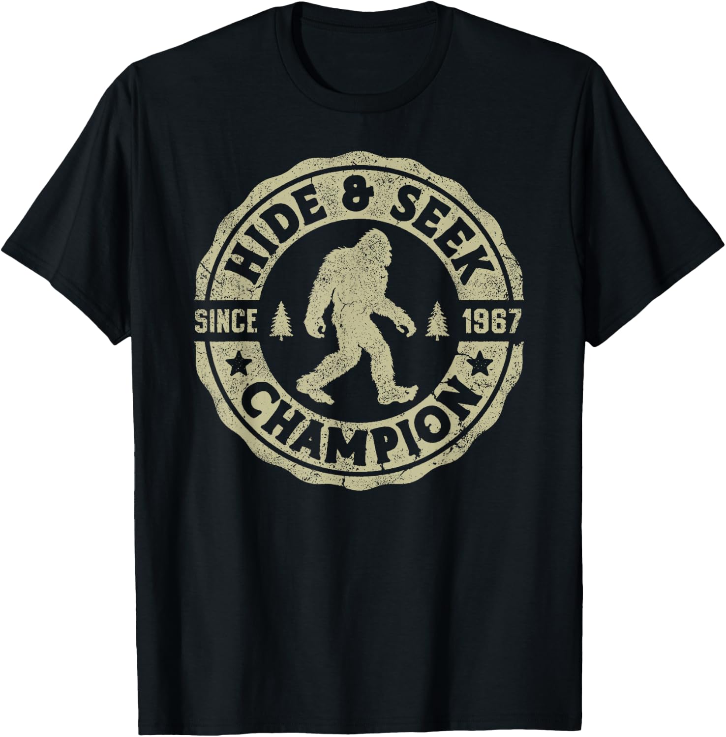 Bigfoot Hide And Seek Champion Funny Sasquatch Retro Vintage T-Shirt - T-Shirt | Black