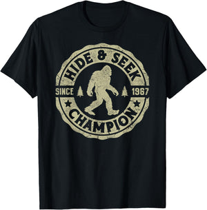 Bigfoot Hide And Seek Champion Funny Sasquatch Retro Vintage T-Shirt - T-Shirt | Black