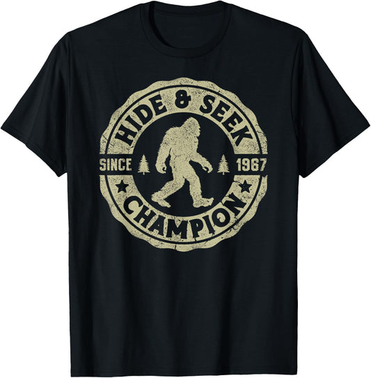 Bigfoot Hide And Seek Champion Funny Sasquatch Retro Vintage T-Shirt - T-Shirt | Black