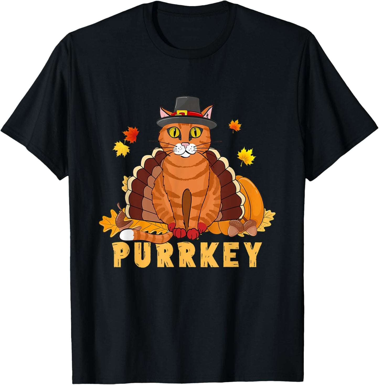 Purrkey Turkey Cat Funny Thanksgiving Cat Kitten Mom Dad Women Kids T-Shirt - T-Shirt | Black