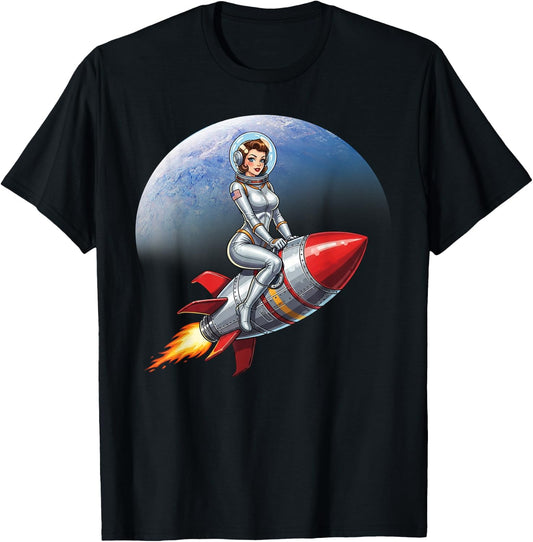 Retro Pinup Girl Astronaut Riding A Rocket in Space T-Shirt - T-Shirt | Black