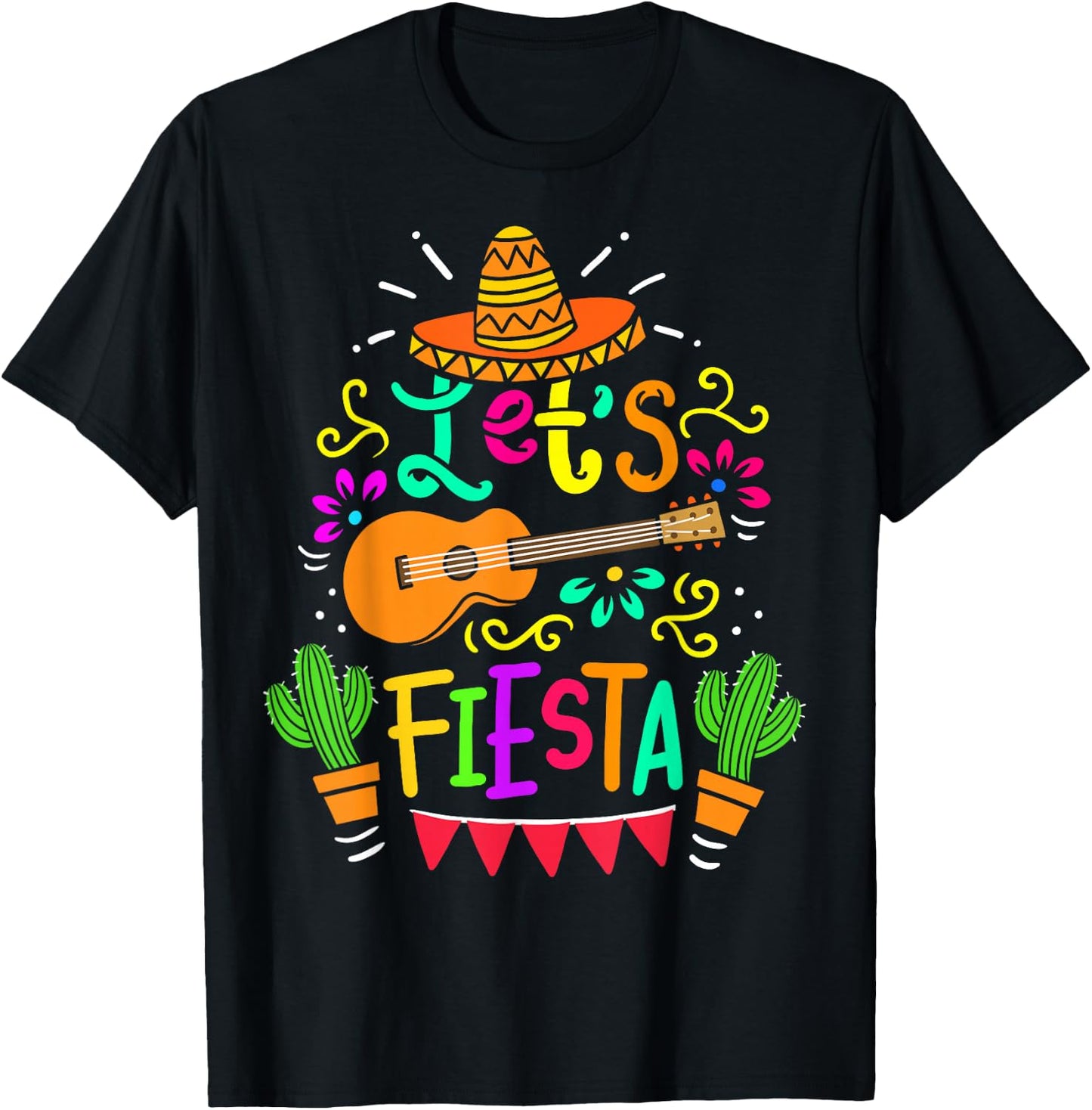 Cinco De Mayo Mexican Guitar Cactus Women Boys Girls T-Shirt - T-Shirt | Black