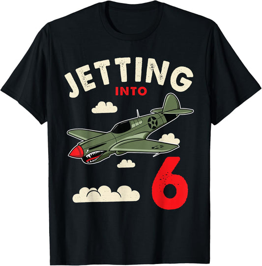 Jetting Into 6 Birthday Aviator Jet Plane Party T-Shirt - T-Shirt | Black