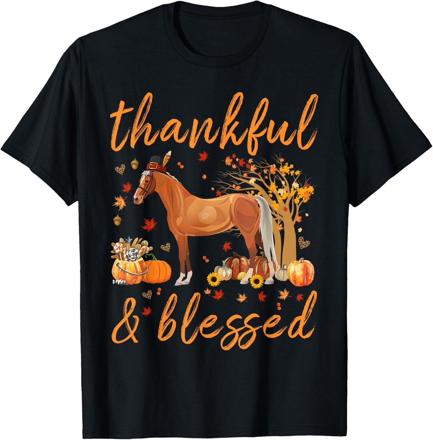 Thankful Grateful Blessed Horse Thanskgiving Matching T-Shirt - T-Shirt | Black