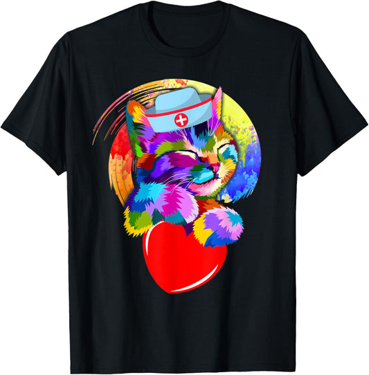 Funny Nurse Cat Cute Heart Kitten Lovers Healthcare Workers Men Women T-Shirt - T-Shirt | Black