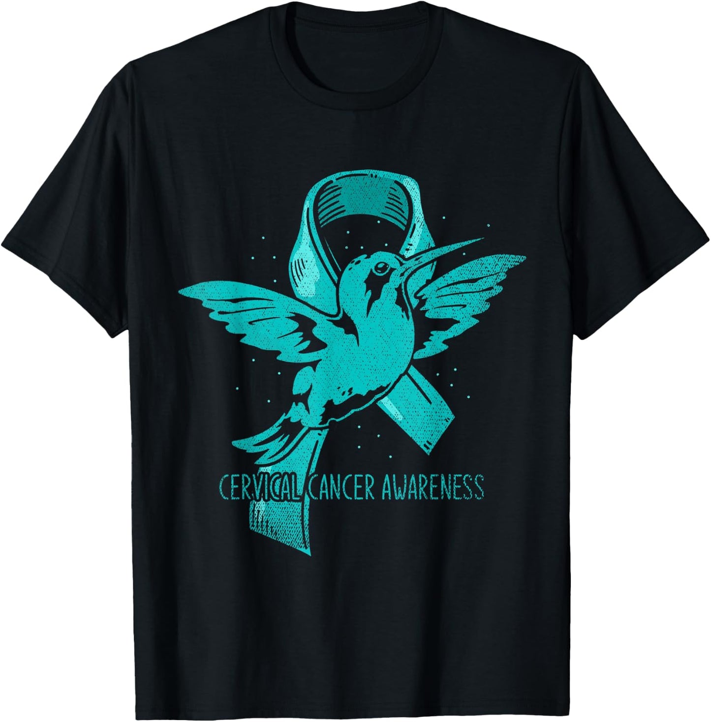 Hummingbird Teal Ribbon Warrior Cervical Cancer Awareness T-Shirt - T-Shirt | Black