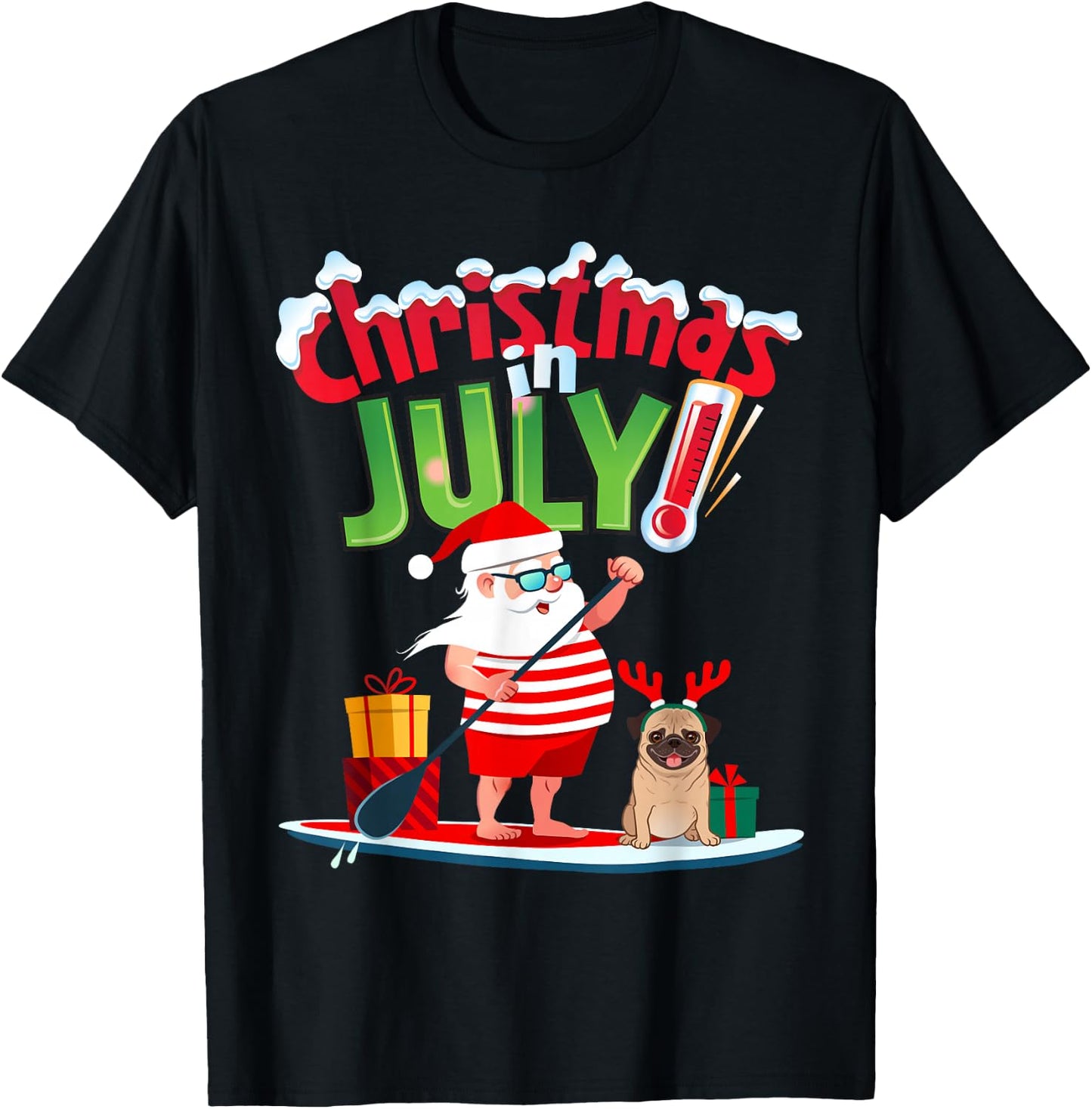 Funny Christmas in July Shirt Summer Beach Vacation Pool Pug T-Shirt - T-Shirt | Black