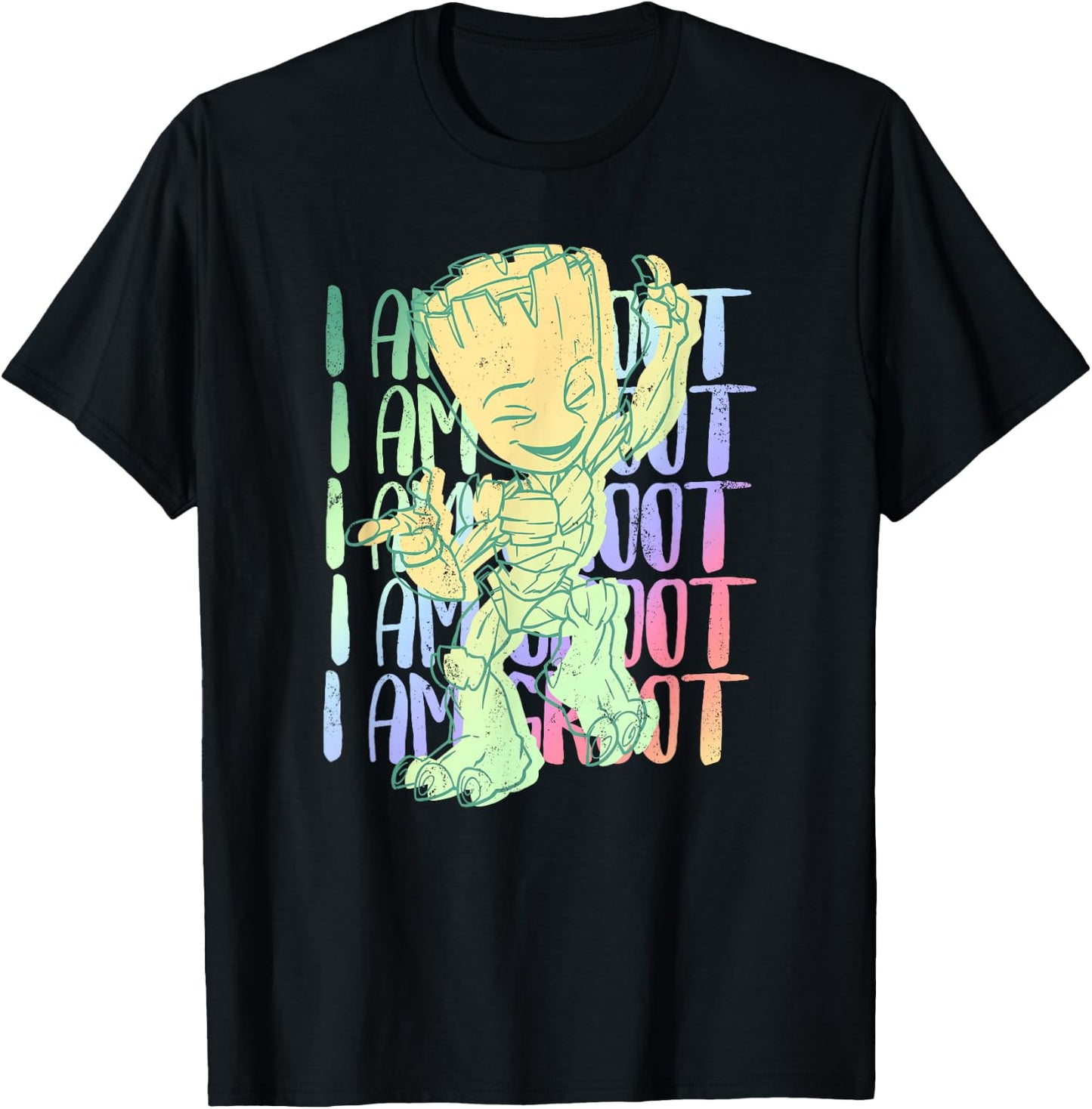 Marvel I Am Groot Happy Groot Neon Text Stack T-Shirt - T-Shirt | Black