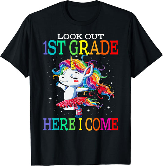 Kids Look Out 1st Grade Here I Come Unicorn T-Shirt - T-Shirt | Black