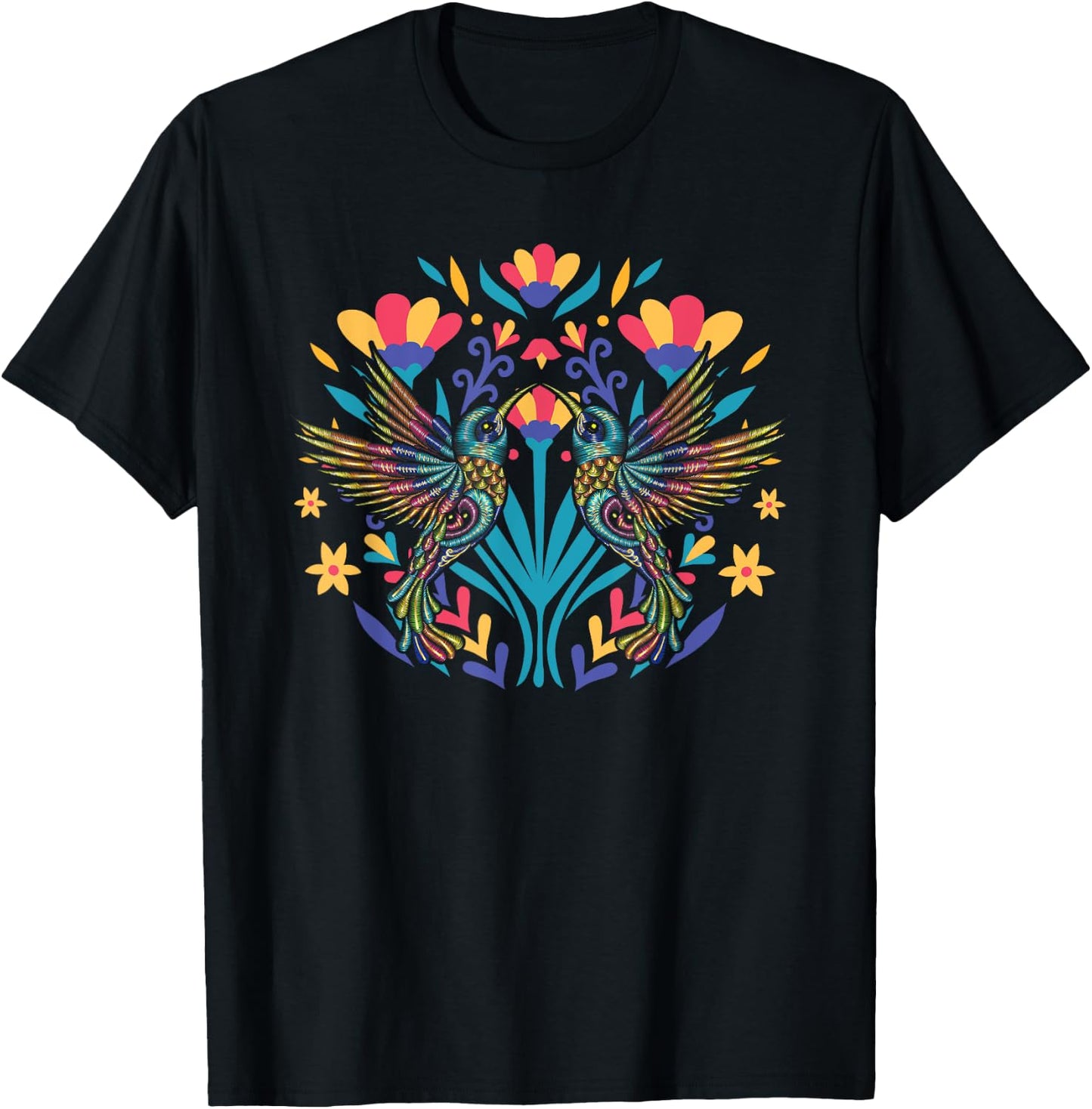 Floral Bird Otomi Mexican Embroidery Style Mexicano Mexicana T-Shirt - T-Shirt | Black