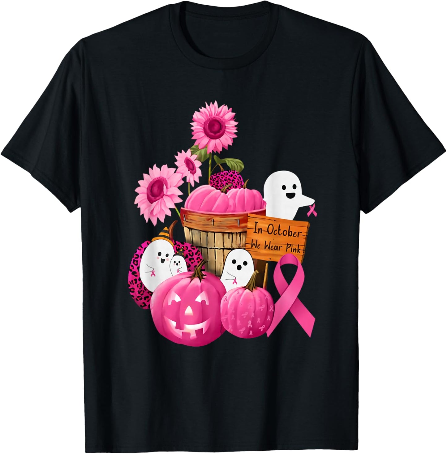 In October We Wear Pink Ghosts & Pumpkins For Breast Cancer T-Shirt - T-Shirt | Black