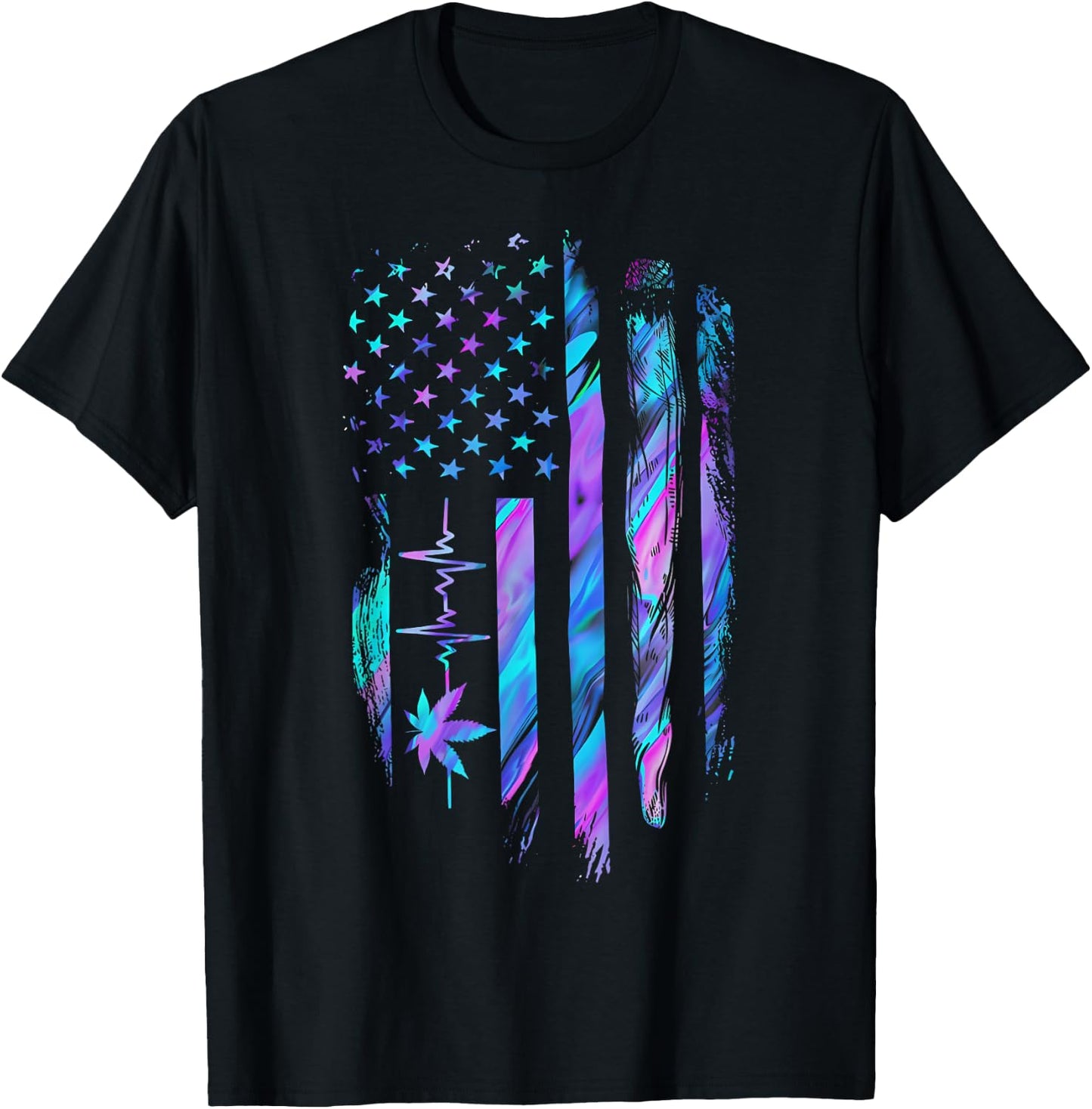 Marijuana Leaf Heartbeat US Flag Weed Cannabis 4th of July T-Shirt - T-Shirt | Black