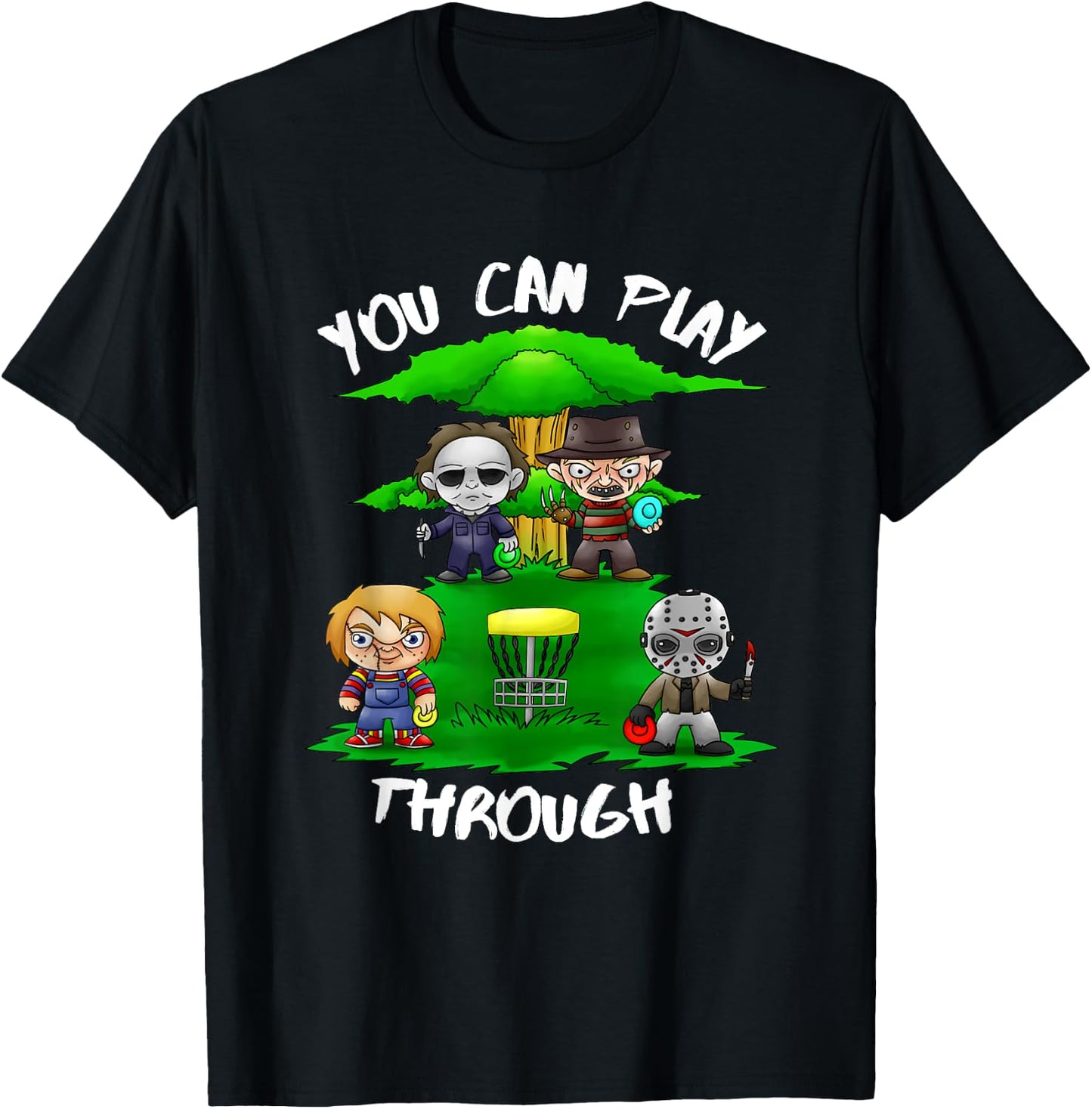 80's Horror Characters You Can Play Through Disc Golf T-Shirt - T-Shirt | Black