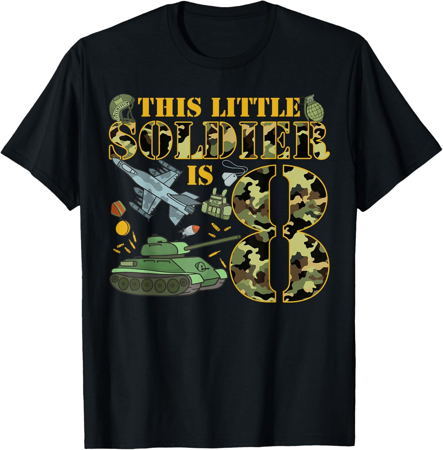 8 Years Old Soldier Birthday Boy 8th Birthday Camo T-Shirt - T-Shirt | Black