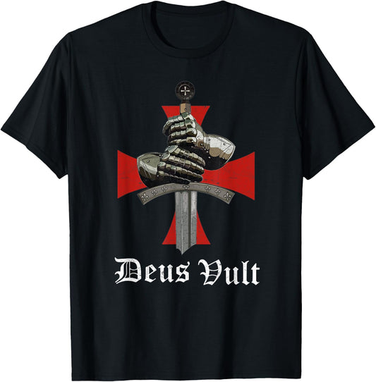 Christian Knight Templar Crusader Sword Armor Deus & Vult T-Shirt - T-Shirt | Black